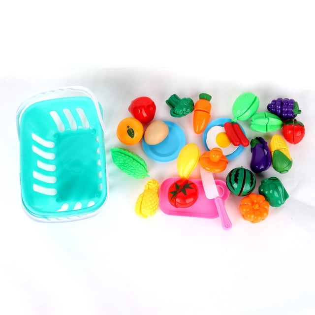 Childrens Kitchen Toy Shopping Cart Vegetable Cutting Fruit Play Set 28Pcs For Pretend Role Fun