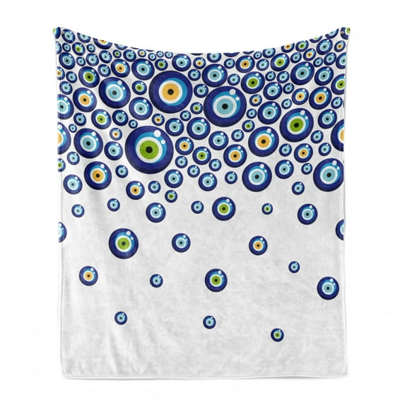 Blue Soft Flannel Fleece Throw Blanket, Abstract Ovals Shape Eyes Falling Down Print, Cozy Plush for Indoor and Outdoor Use, 70" x 90", Blue Green Marigold, by Ambesonne