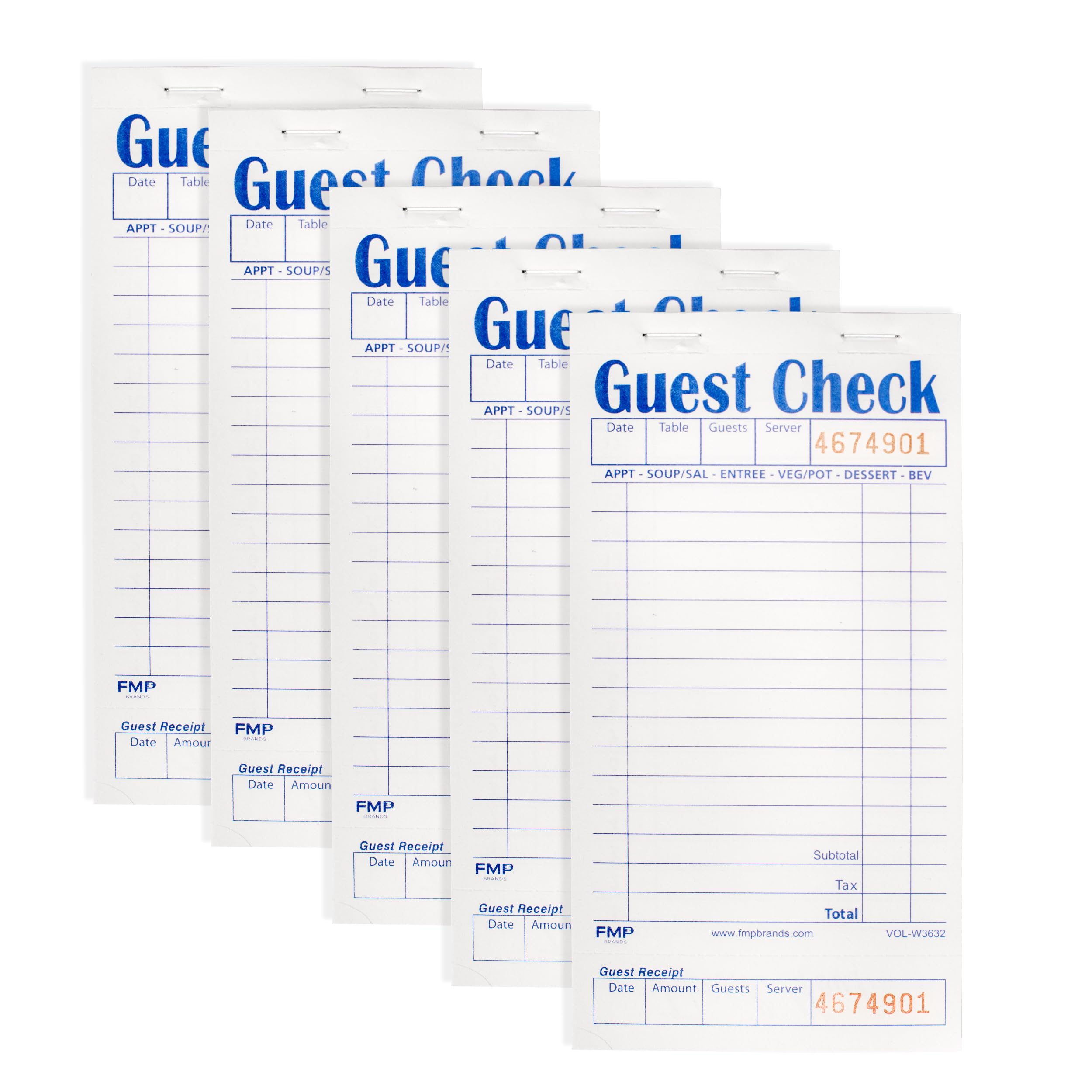 [5 Pads, 50 Sheets/Pad] Single Part Guest Checks Pad for Restaurants