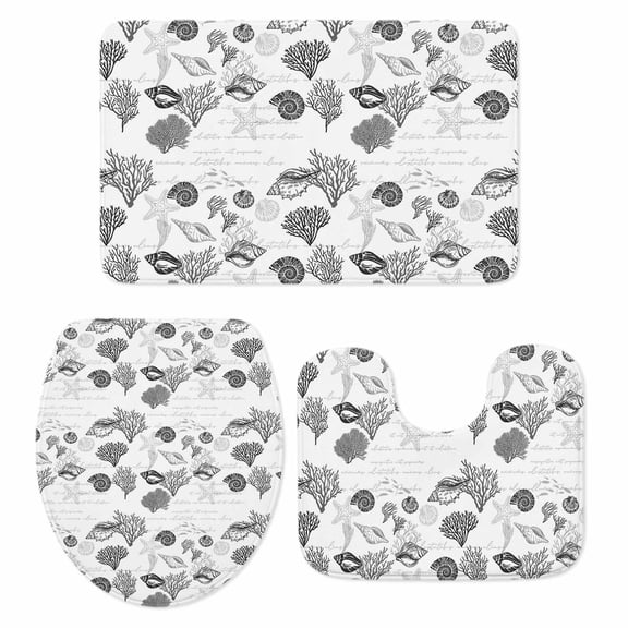 Grey Coral Shell Bathroom Rugs Set Starfish Nautical Marine Life Vintage Letter Non Slip Absorbent Soft Bath Mats 3 Piece Set with Bathroom Rug, U-Shaped Floor Mat, Toilet Seat Cover Small Size