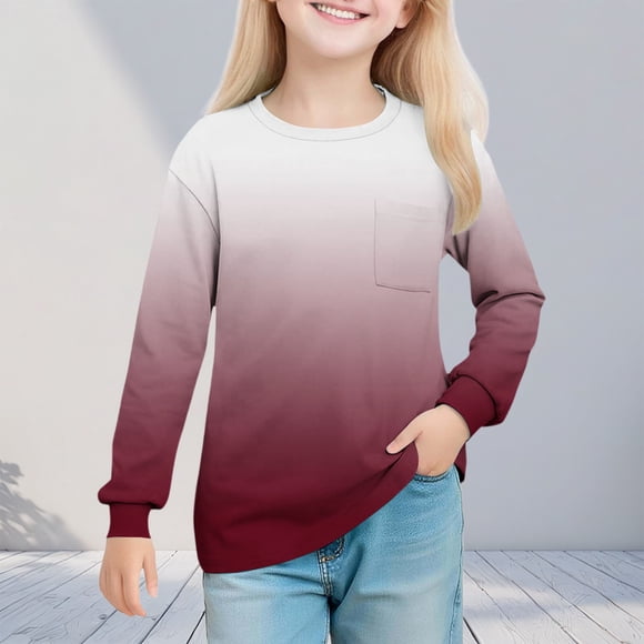 YUNAFFT Girls 4-14Y Gradient Long Sleeve Shirts Soft Stretchy Cotton-Like Fabric Comfortable Casual Tops for Daily Wear