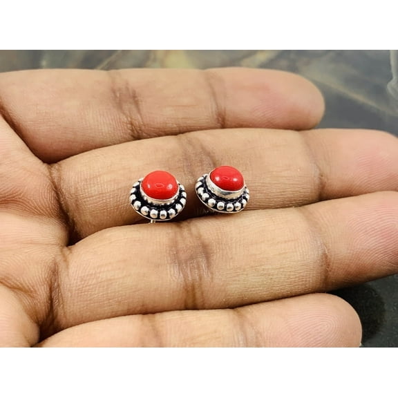 Handmade 925 Sterling Silver Oxidized Red Coral Gemstone Stud Earrings Vintage Style Jewelry