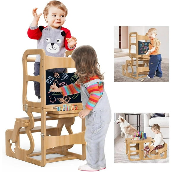 Toddler Standing Tower, Kid Step Stool Kitchen Stool Helper-Montessori with Chalkboard,3 in1 Folding Kitchen Tower Stool with Back, Learning Wooden Tower for Kitchen, Free Hands, Easy Assembly