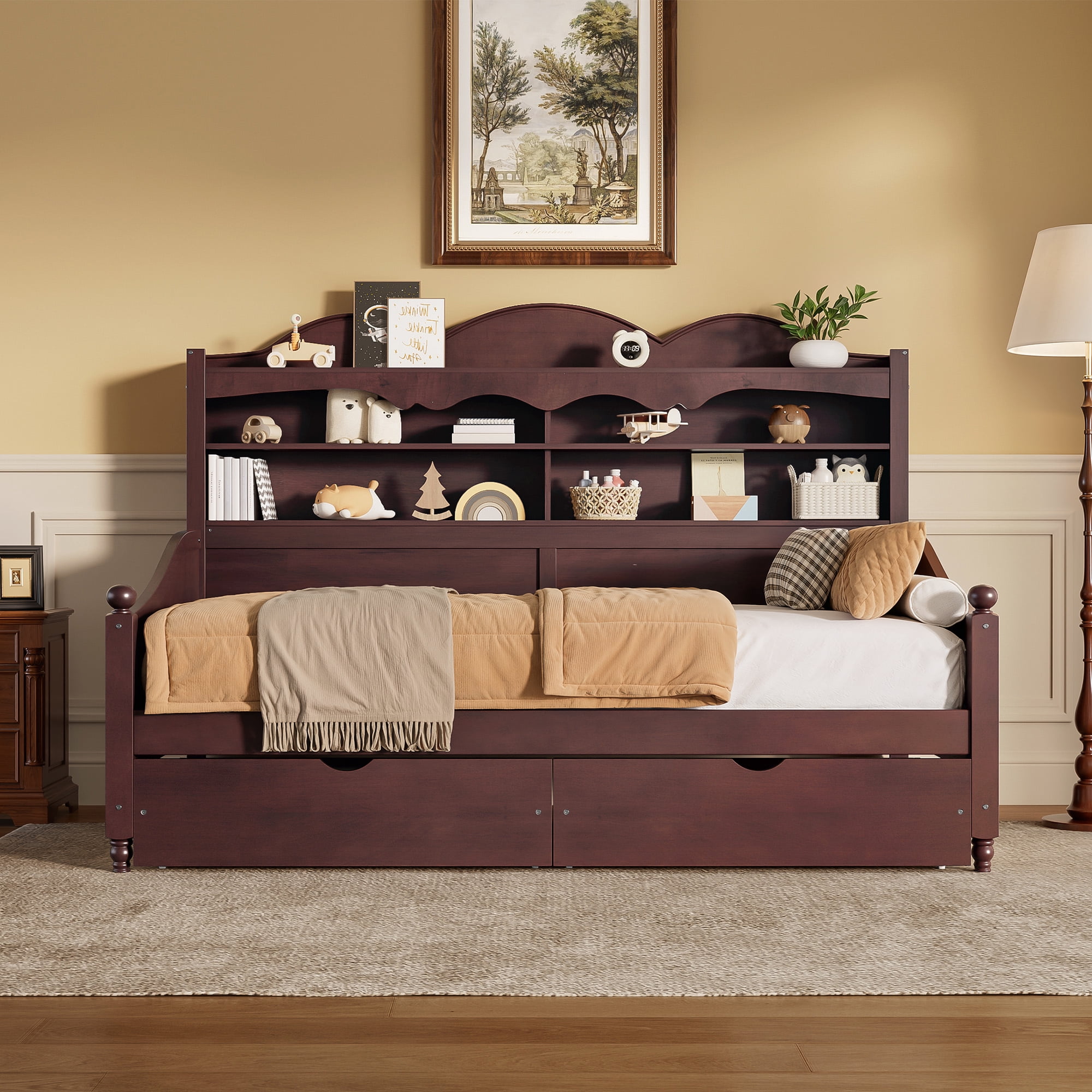 Euroco Wood Twin Size Daybed with Drawers, Captain Bed with Shelves, Espresso