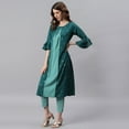 thumbnail image 4 of Janasya Indian Round Neck 3/4 Sleeve Gold Print Green Poly Crepe Kurta For Women, 4 of 7