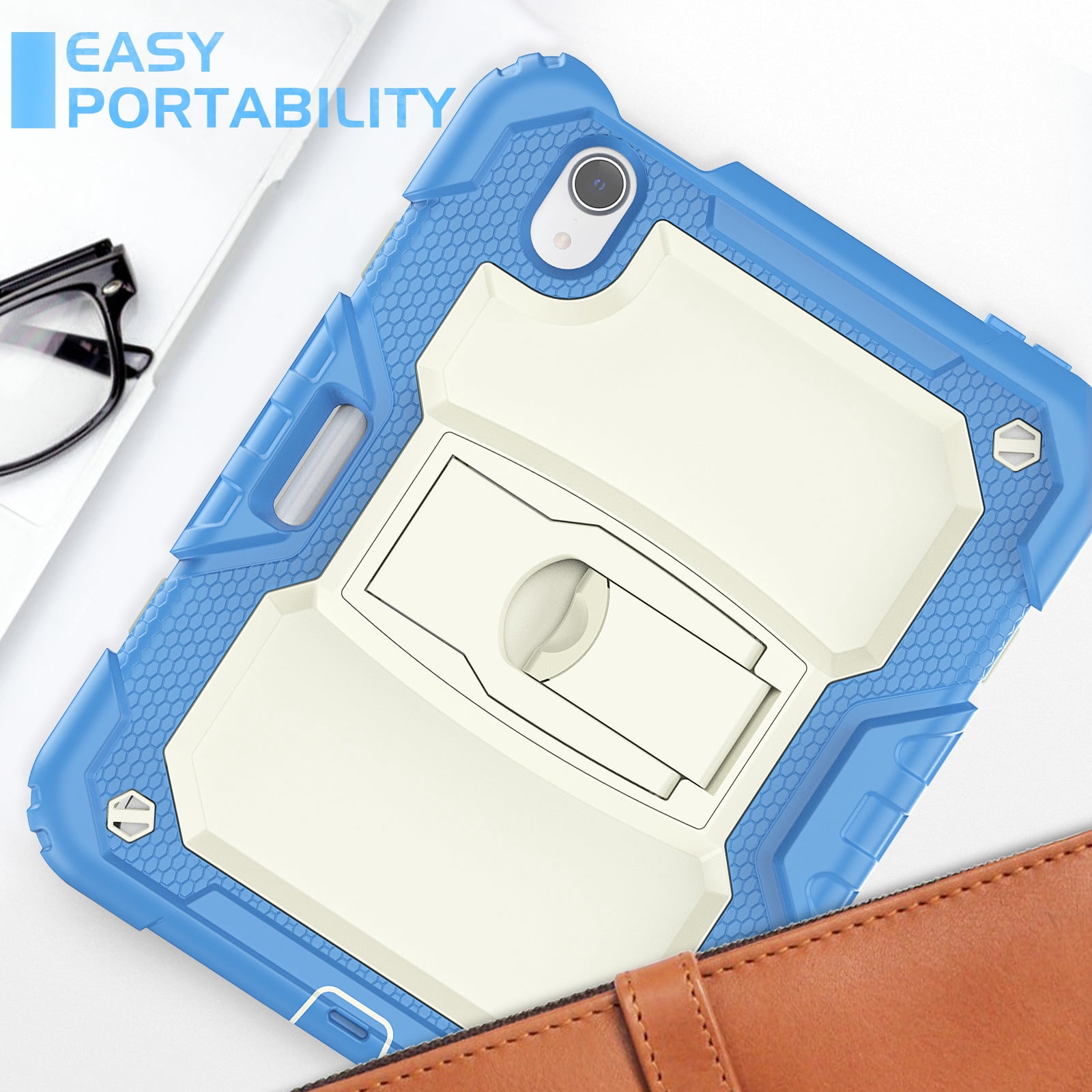 for iPad mini 6th Gen 8.3" 2021 Case with PET Screen Protector + Pencil Holder + Stand + Shoulder Strap | Heavy Duty Protection 3 Layer Silicone PC Case for iPad mini 6th Generation | Skyblue+Beige