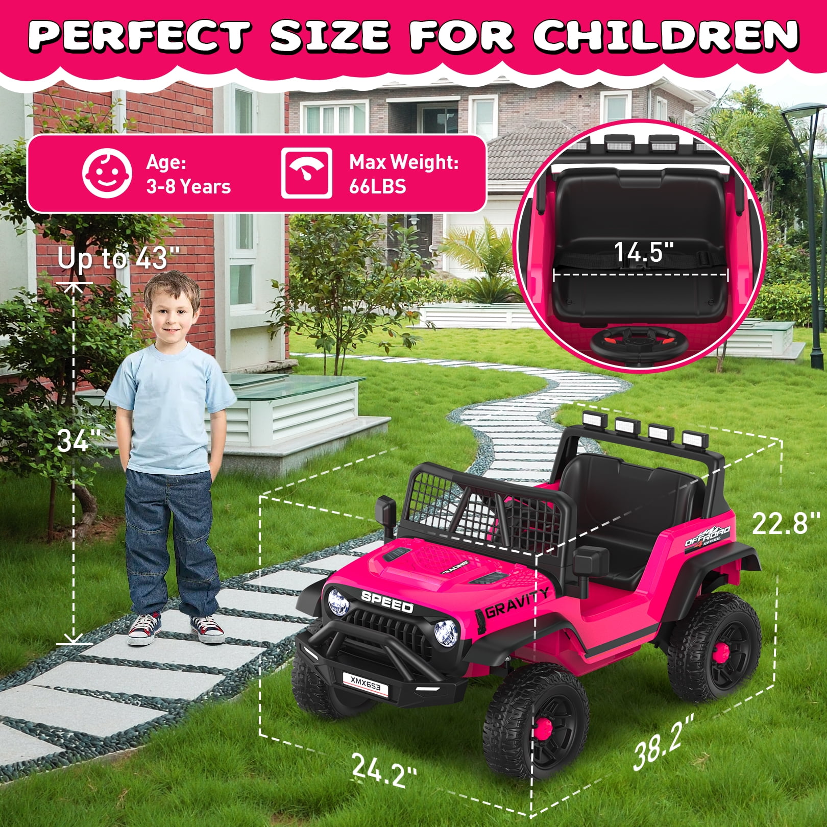 Funcid 24V Ride on Cars Truck with Remote Control, Electric Battery Powered Car with Spring Suspension, Ride on Toys for Kids, Built-in music, Cool LED Light, Bluetooth, USB, Pink