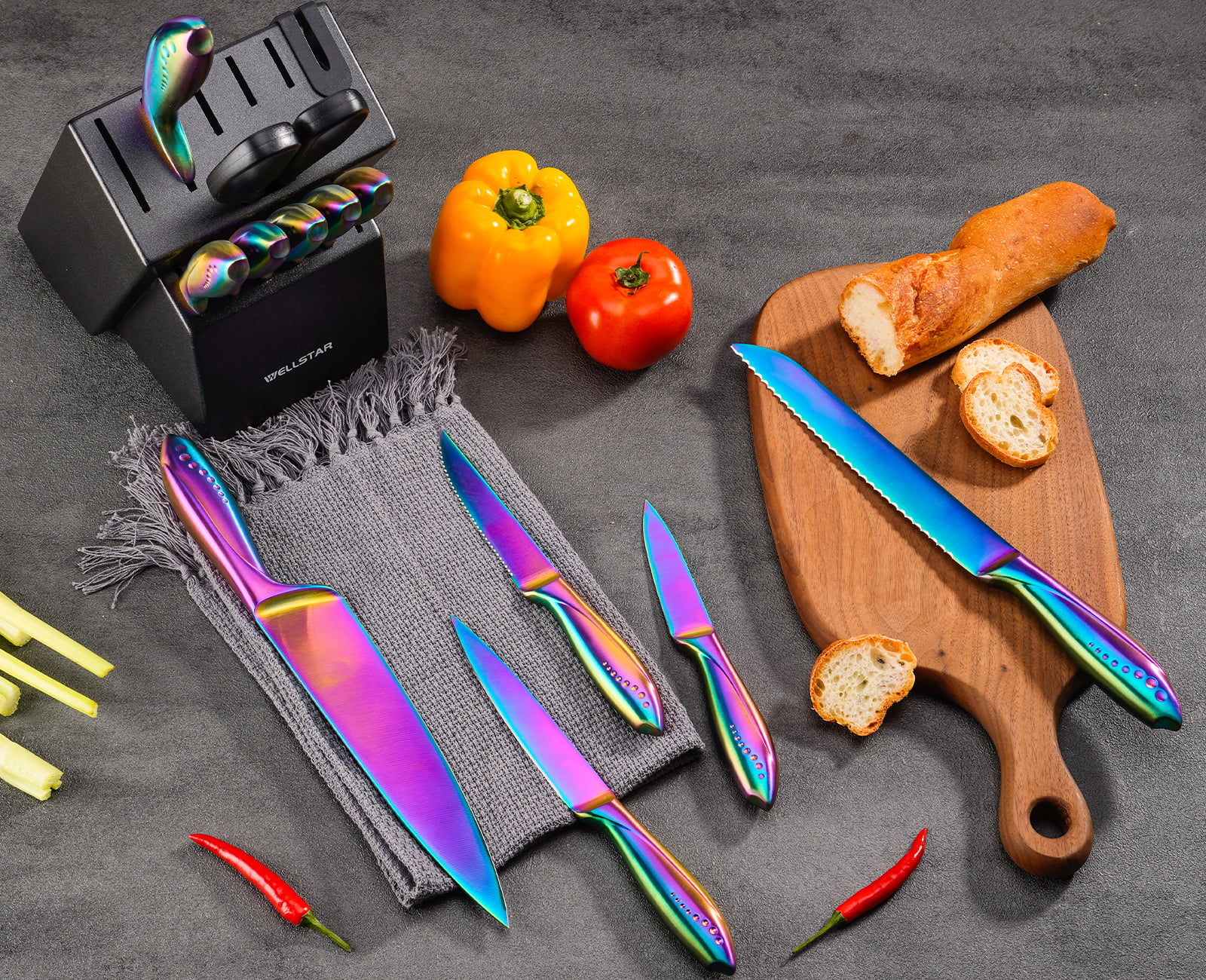 WELLSTAR Rainbow Knife Set 5 Piece, Razor Sharp German Stainless Steel Blade with Iridescent Titanium Coated, Kiritsuke Santoku Boning Utility