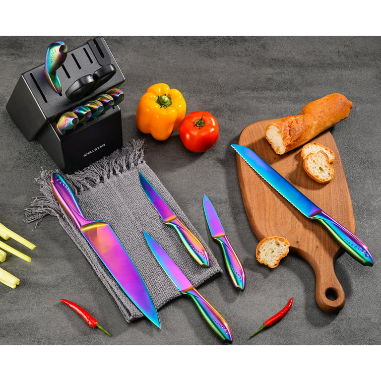 WELLSTAR Rainbow Knife Set with Wooden Knife Block 14 Pieces