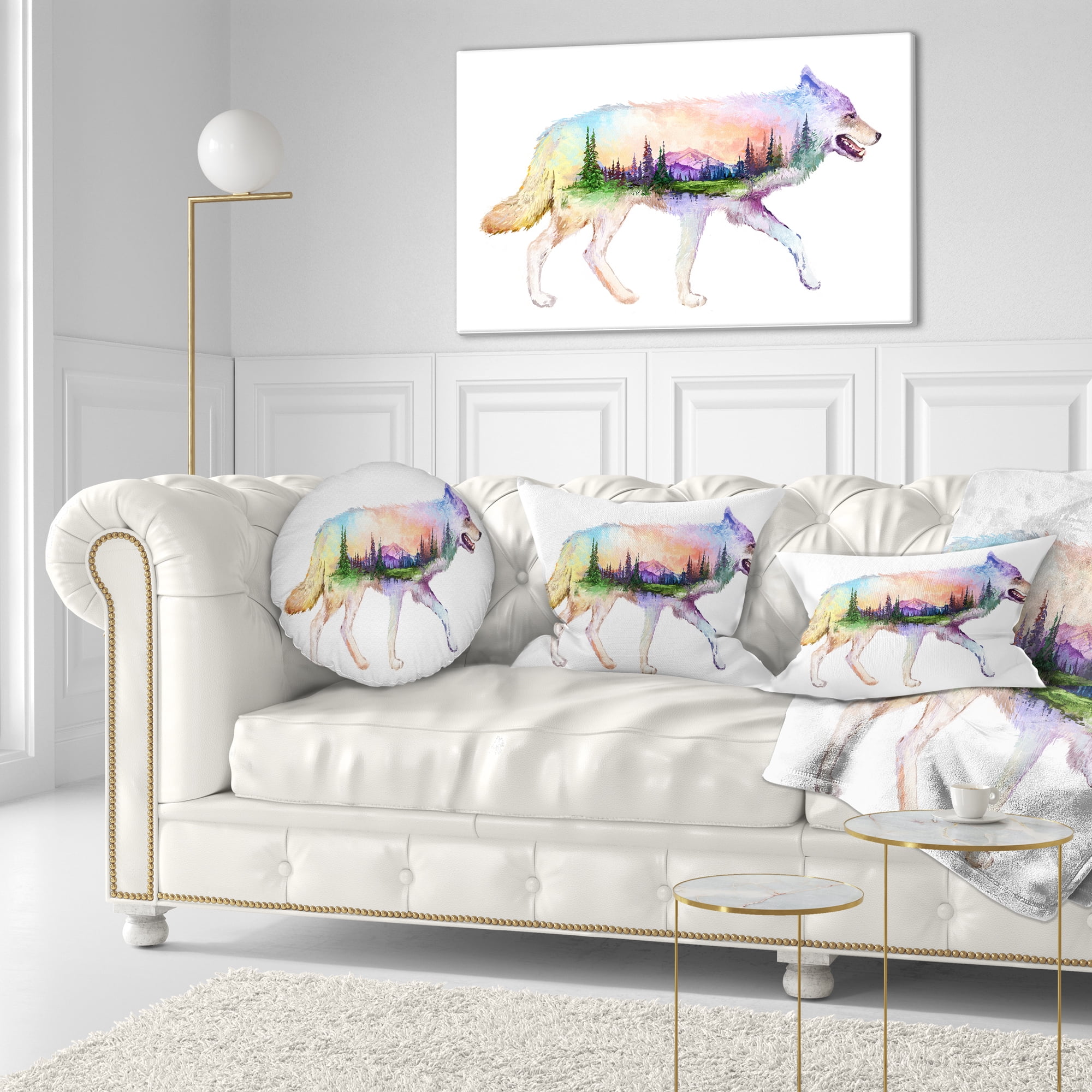 Designart Wolf Double Exposure Illustration - Animal Throw Pillow - 12x20