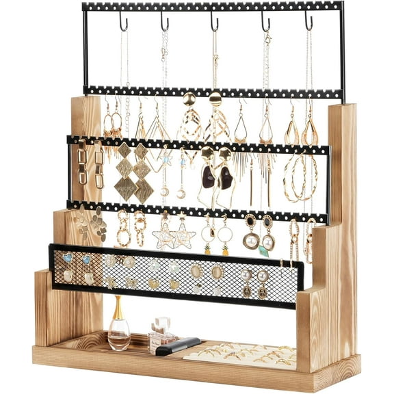 Lolalet 5 Tiers Jewelry Organizer Rack for Stud Earring Necklace Bracelet Wooden Rustic Display Storage with Velvet Ring Tray -Nature