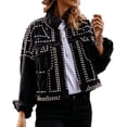 thumbnail image 5 of Borke Women's Long Sleeve Rivet Studded Denim Jacket Casual Washed Pearl Short Jean Coat, 5 of 9