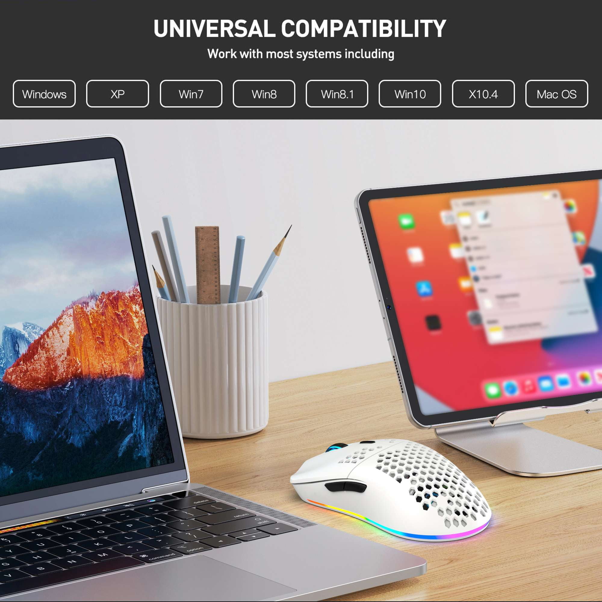 Hexamurby Ultralight Wireless Gaming Mouse,6 Kinds RGB Backlit,5 Levels Adjustable,Lightweight Honeycomb Shell Mice for PC Gamers(White)