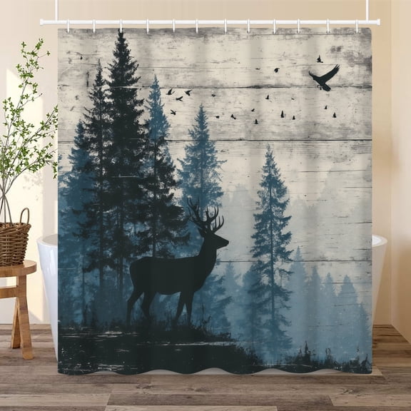 Rustic Deer Shower Curtain Nature Forest with Mountain Bath Curtain for Bathroom Decor with Hooks 72x72 in