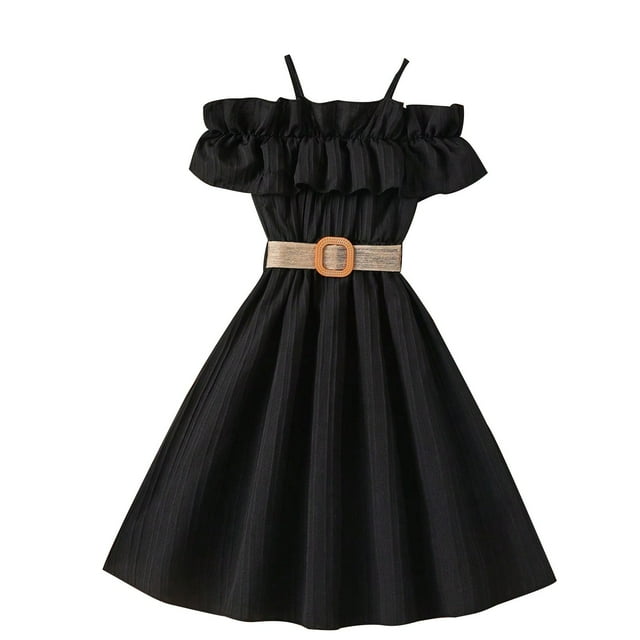 Odeerbi Vestidos de Gasa de Verano de Las Niñas Ruffle Fuera Del Hombro Vestido Sin Mangas de Color Sólido