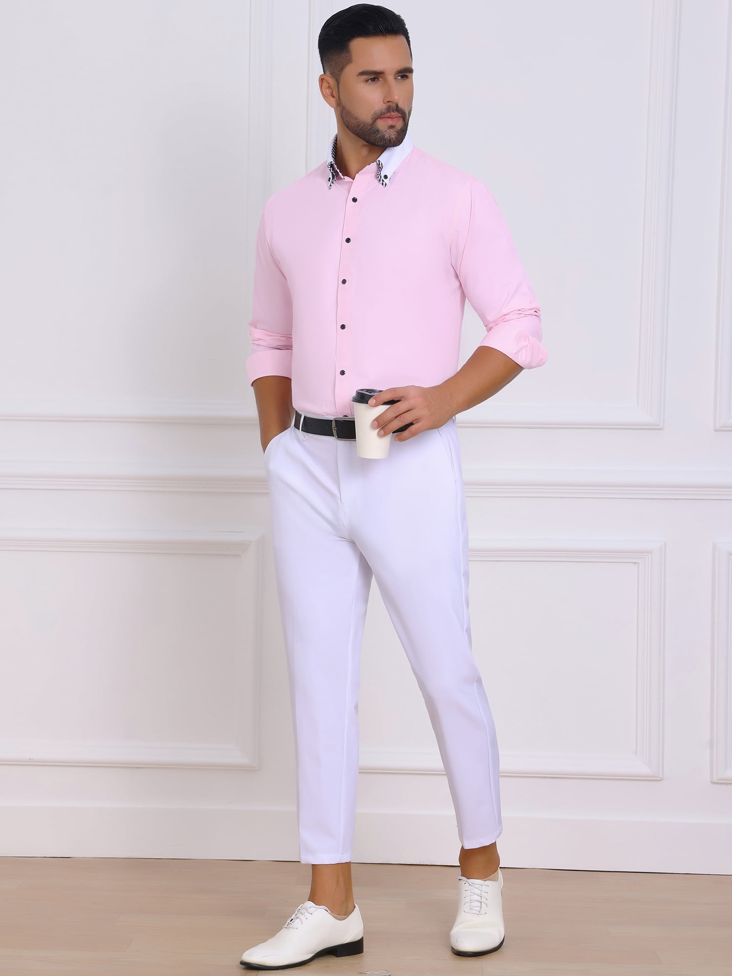 DARING DIVA Men's Contrasting Color Collar Long Sleeve Button Down Shirts S Pink