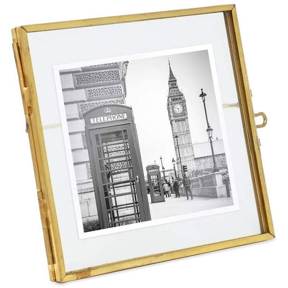 Isaac Jacobs 4x4, Antique Gold, Vintage Style Brass and Glass, Metal Floating Picture Frame with Locket Closure, for Photos, Art, More, Tabletop Display