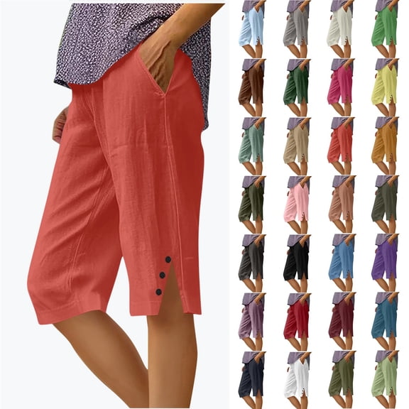 YgkuHd Capri Pants for Women Cotton Linen Summer Solid Color Loose Straight Leg Knee Length Shorts with Pockets, Side Slit Button, Casual Comfy Breathable Capris for Everyday Wear - Sizes S-5XL
