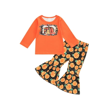 

Frobukio 2Pcs Kids Little Girls Halloween Outfits Letter Print Long Sleeve T-Shirt + Pumpkin Print Flare Pants Sets Orange 3-4 Years