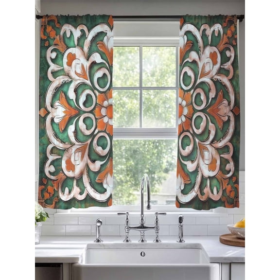 Burnt Orange Green Flower Sheer Curtains for Living Room Bedroom Boho Ethnic Vintage Sheer Curtains 63 Inch Long 2 Panels Set Light Filtering Curtain Window Treatments Drapes for Dining Room