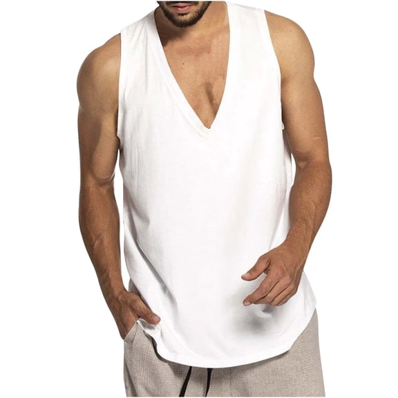 Posijego Mens V Neck Tank Top Beach Casual Summer Sleeveless Shirt Solid Color Loose Lightweight Tops