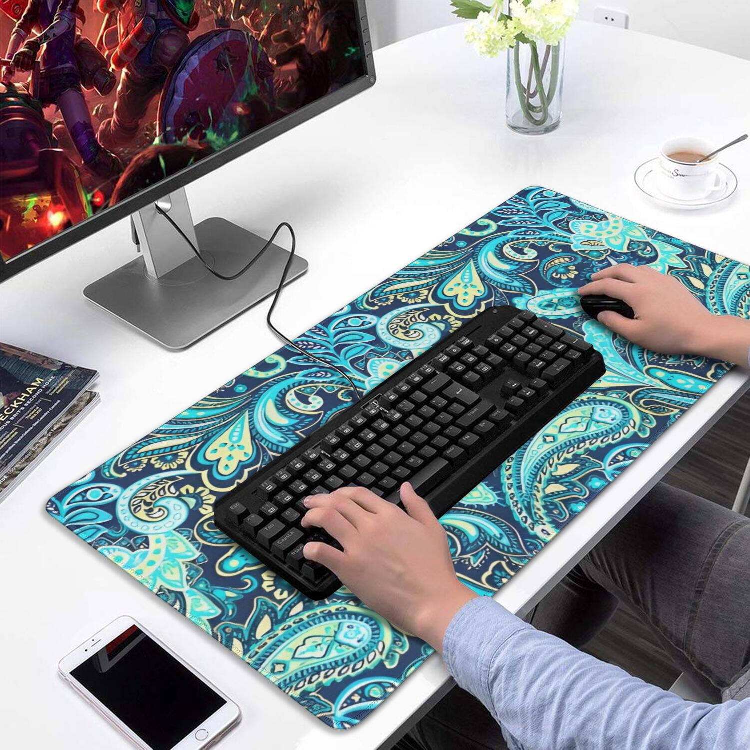 Long Mouse Pads for Desk,Blue Paisley and Floral Pattern Desk Mats on Top Of Desks, Desk Mouse Pad Extra Large with 3mm Non-Slip Base and Stitched Edge for Gaming,Office,Work,Home 31.5"x15.7"