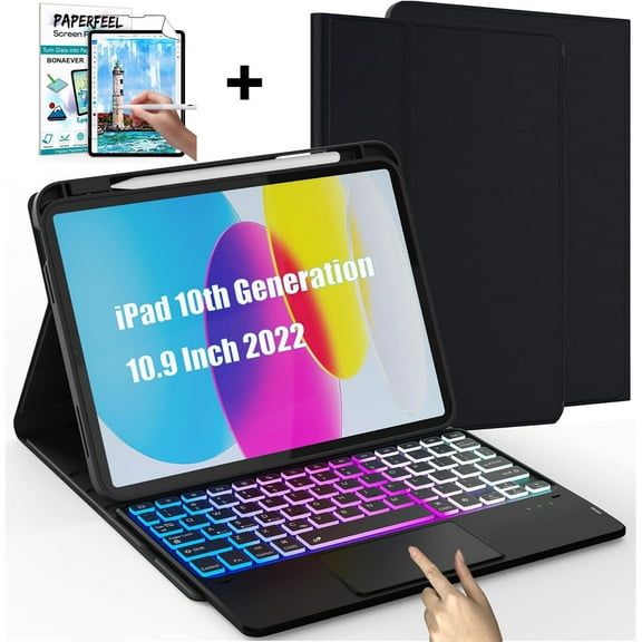 Touchpad Keyboard case for iPad 9.7 inch 2017 2018 6th 5th Gen, Air 2/Air, Pro 9.7 Detachable Bluetooth Color Keyboard Smart Folio Cover with 7 Color Backlit, Pencil Holder, Screen Protector, Stand
