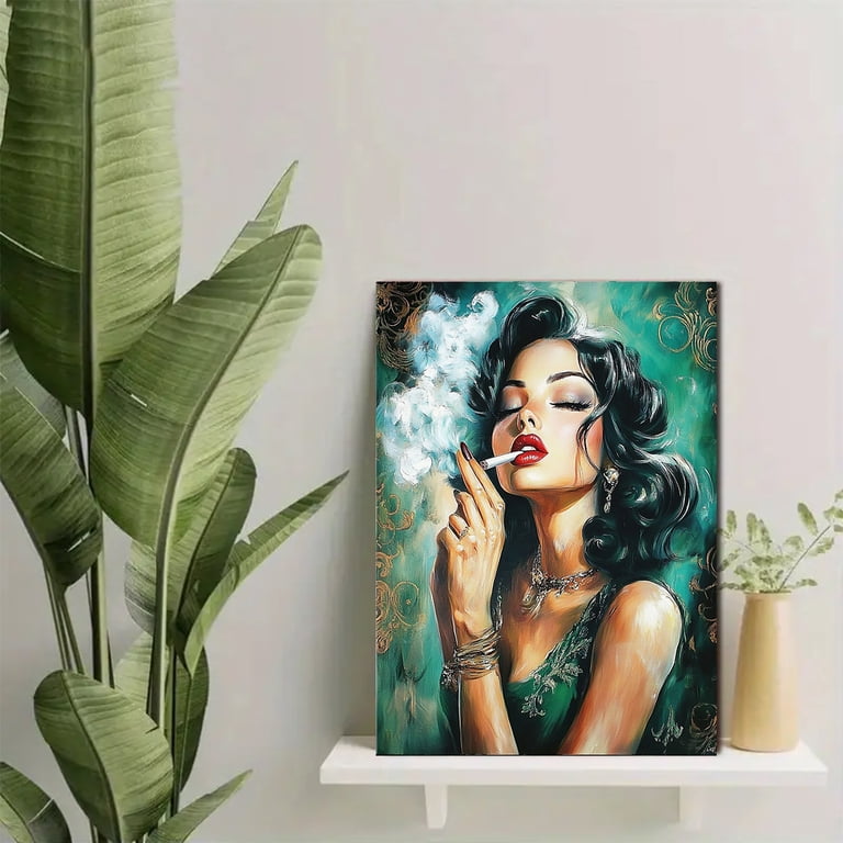 Retro Woman Smoking Cigarette Canvas Wall Art， Perfect for Living Room，  Bedroom， Bathroom， Office， and Dining Room Decoration