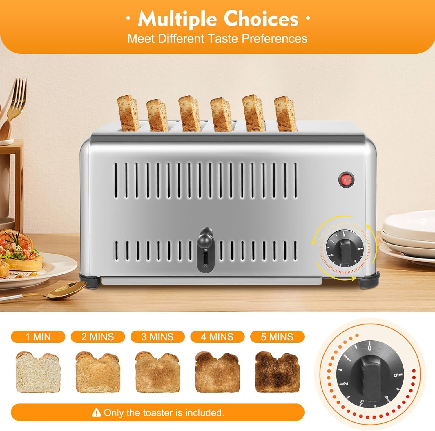 6 Slice Bread Toaster, 1680W Stainless Steel Commercial Toaster with Wide Slots, One-Piece Mold, Timing, Bread Baking Machine for Bagels Muffins Waffles (Home, Restaurant, Bakery)