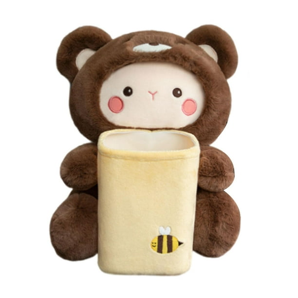 Caja de pañuelos de peluche suave para coche, papelera con bonitos animales de peluche, correas elásticas universales Oso