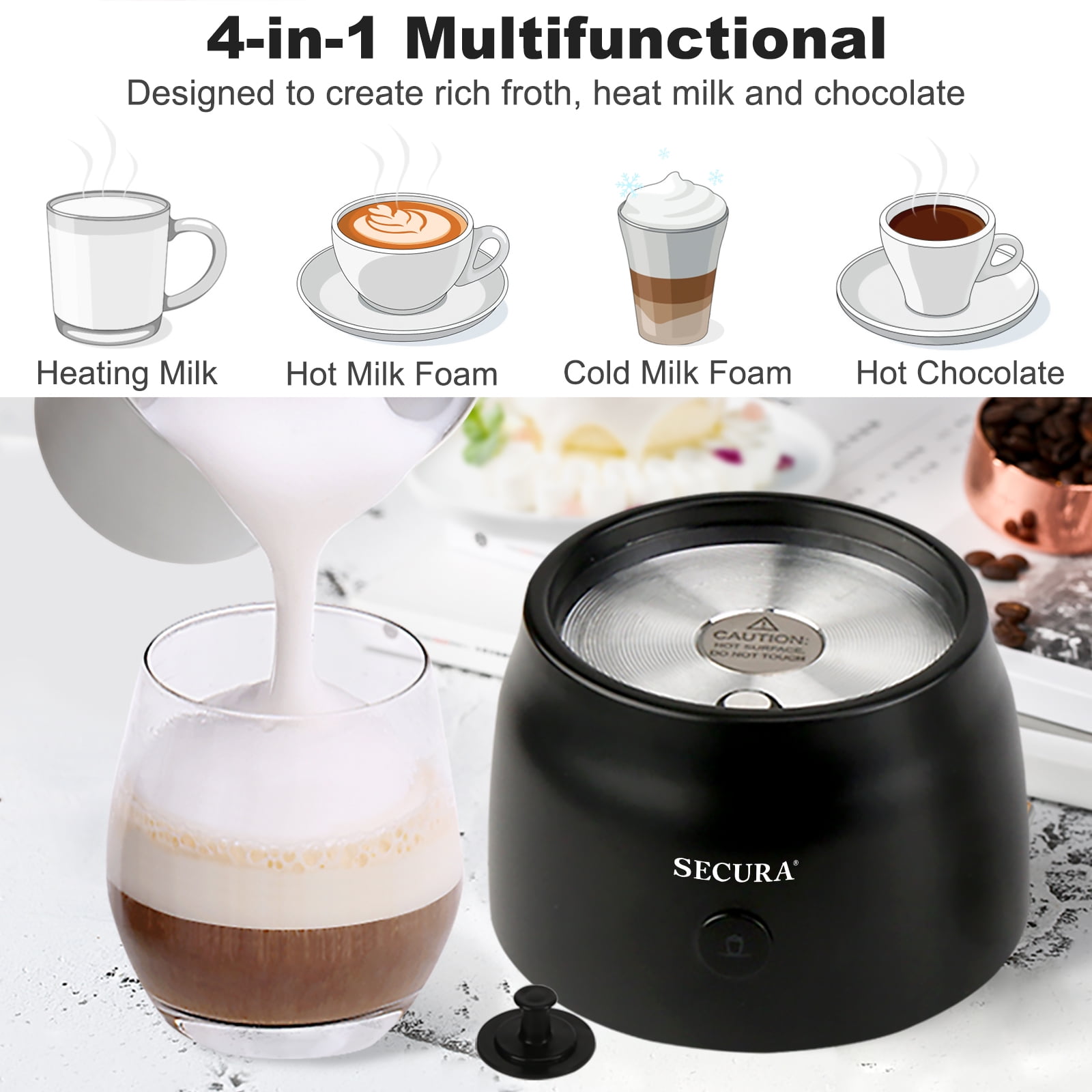 Secura Electric Milk Frother, Automatic Milk Steamer, 4-IN-1 Hot