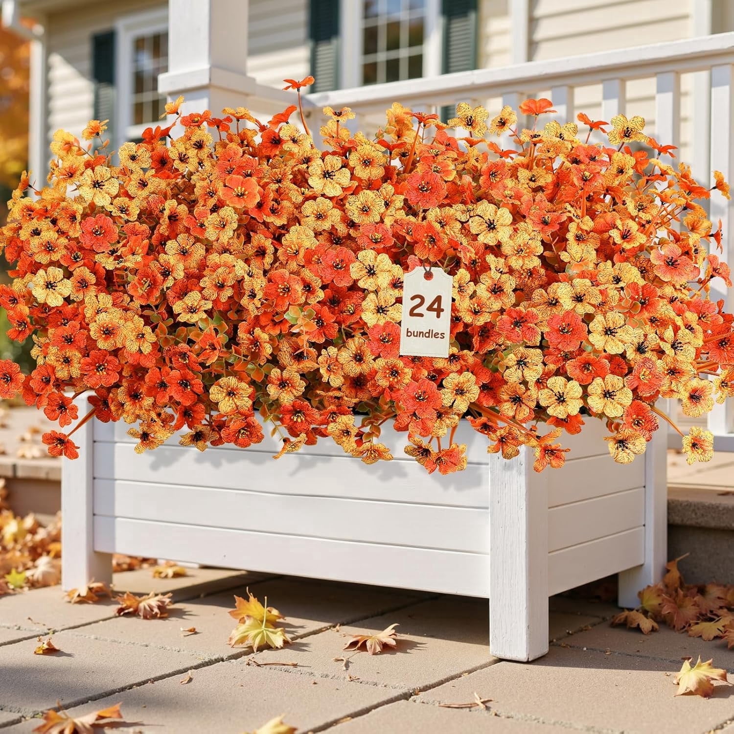 Lolsea 24 Bundles Artificial Flowers for Outdoors, Fall UV Resistant Silk Faux Fake Plants for Outside Indoor Yard Home Porch Window Box Decor, Orange, Yellow
