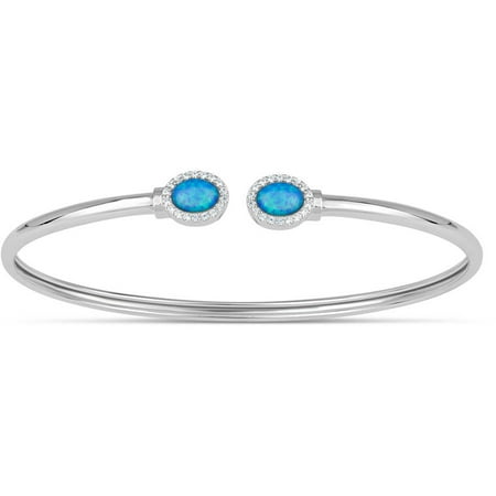 Created Blue Opal and CZ Sterling Silver Rhodium-Plated Oval Double 3mm Memory Bangle