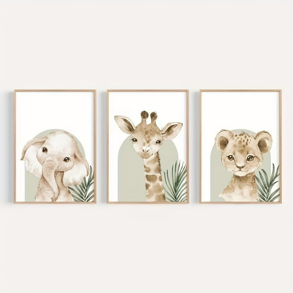 Room Decor 3pcs Frameless Polyester Wall Art Set, Modern Neutral Jungle Animal Canvas Prints, Elephant, Lion, Giraffe with Green Leaves, for Bedroom, Playroom Decor, Ideal for Party and Mother'S Day