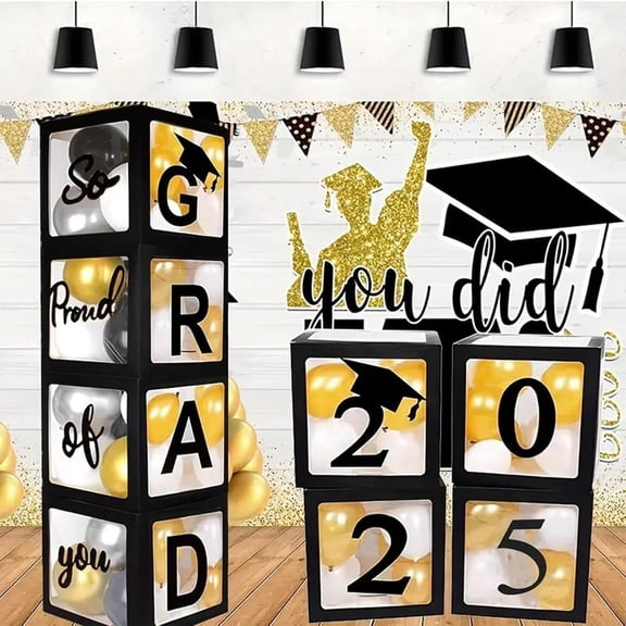 Class of 2025 Graduation Decorations - Black and Gold Decorations - Balloons and Boxes with the Letters "2025 GRAD So Proud of You, Congrats", Graduation Party Decorations for All Grades