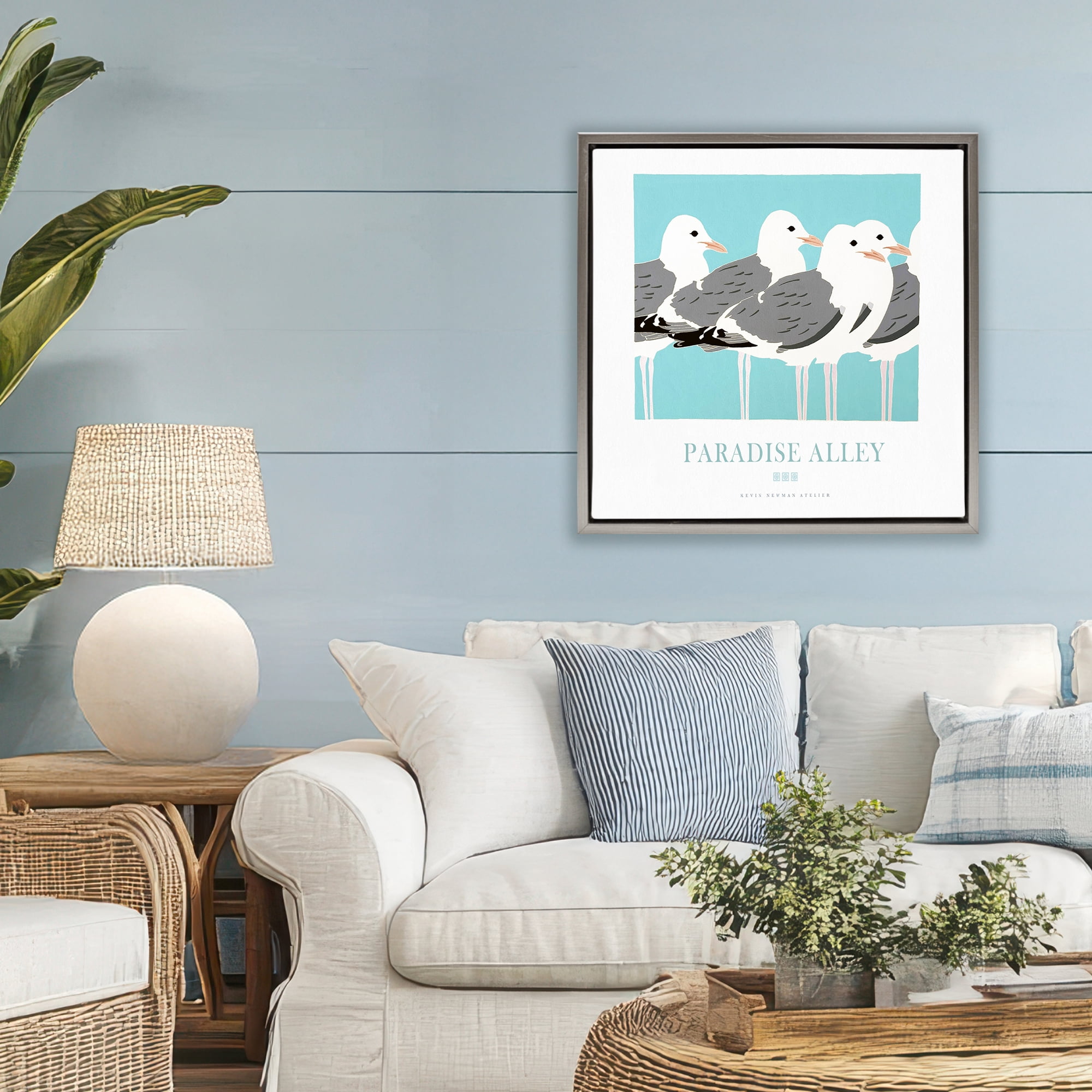 Stupell Industries Paradise Alley Seagull Gathering Gray Framed Floater Canvas Wall Art, design by Jadei Graphics