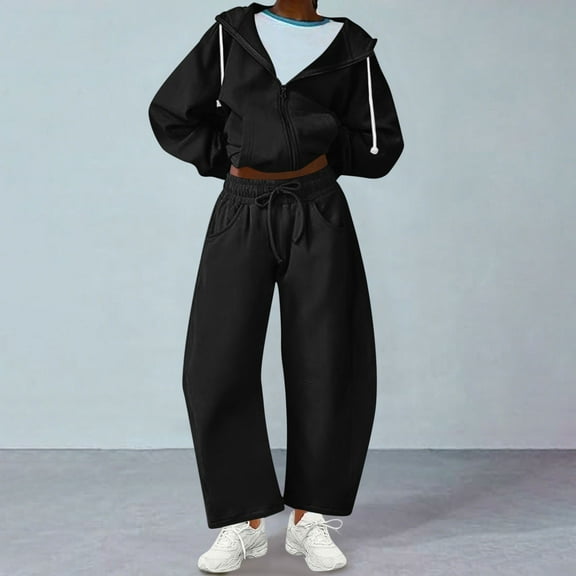UPPADA Women Sweat Pants Set,2 Piece Sets for Women Fall Winter Clothes Sets Crop Hoodies Pullover Tops and Sweatpants Trendy Matching Set Plus Size Clothing Black,L