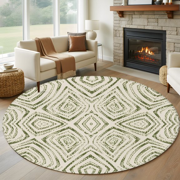 Sage Green Geometric Round Area Rug 5ft, Farmhouse Abstract Stripes Graffiti Washable Non-Slip Circle Rugs for Bedroom Living Room Kitchen, Soft Low Pile Carpet for Dining Room Playroom Nursery