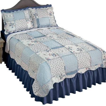 Floral Scallop - Olivia Floral Ruffle Trim Patchwork Quilt Coverlet with Scalloped Edge, King, Blue Multi