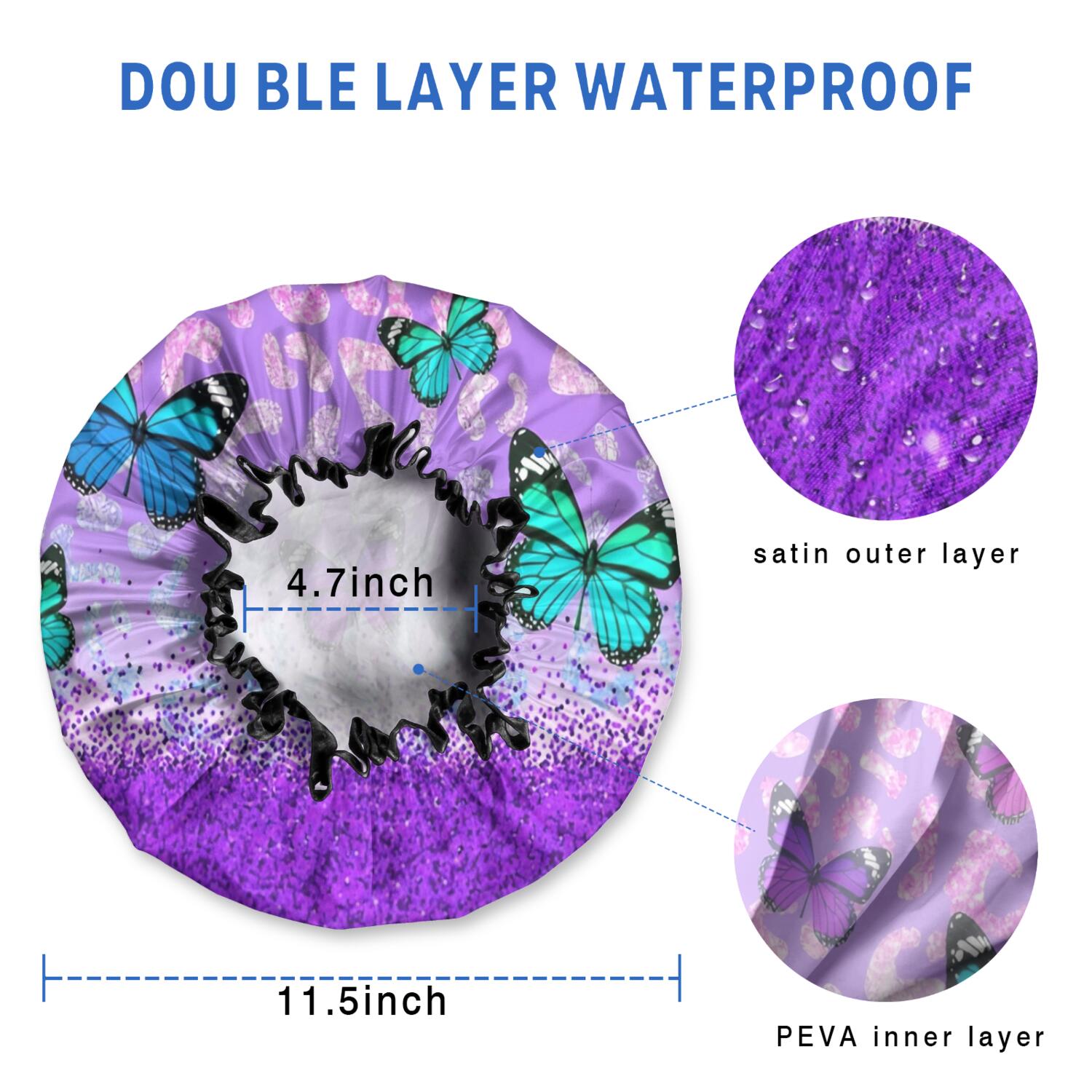 Shower Caps,Purple Butterfly Leopard Pattern Waterproof Shower Cap for Women 4 Pieces,Double Reusable Hair Cover for Shower PEVA Elastic Stretch Hem