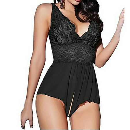 MSJUHEG Underwear Women Womens Lingeries Women Lace Sexy Passion Lingerie Deep V Halter Babydoll Dress Bk Xl Plus Size Lingerie Black Xl