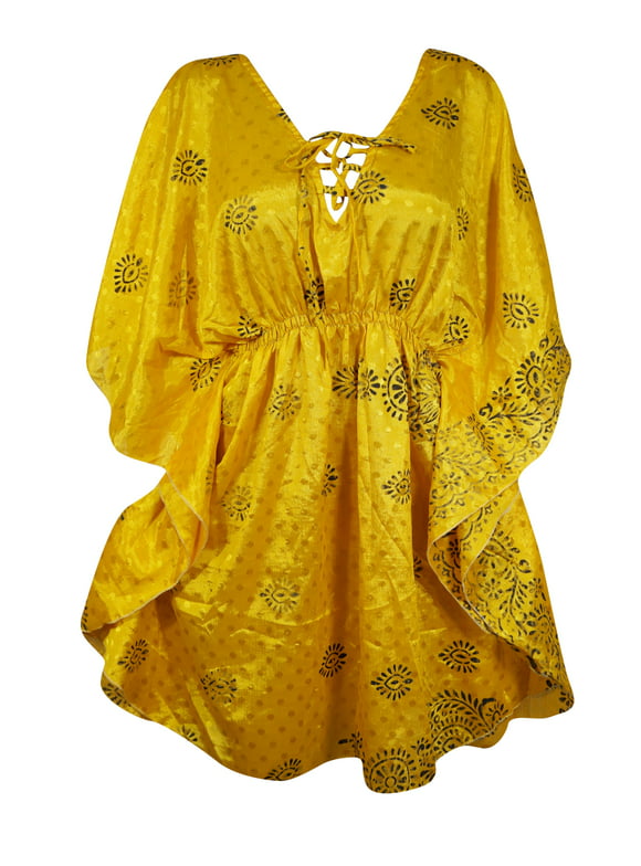 Mogul Womens Caftan Dresses, Short Kaftan Yellow Green Print Kaftan M-XL