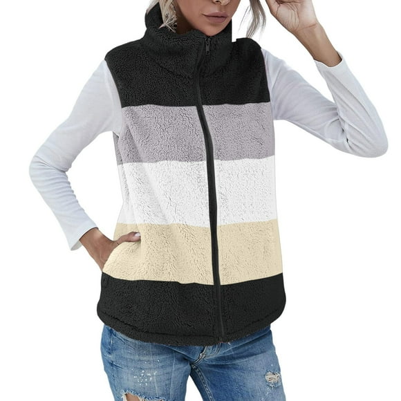 Virmaxy Womens Winter Sherpa Fleece Vest Color Block Fuzzy Fleece Coat Sleeveless Full Zip up Mock Neck Plush Jacket Warm Winter Coat Outerwear Black-A S