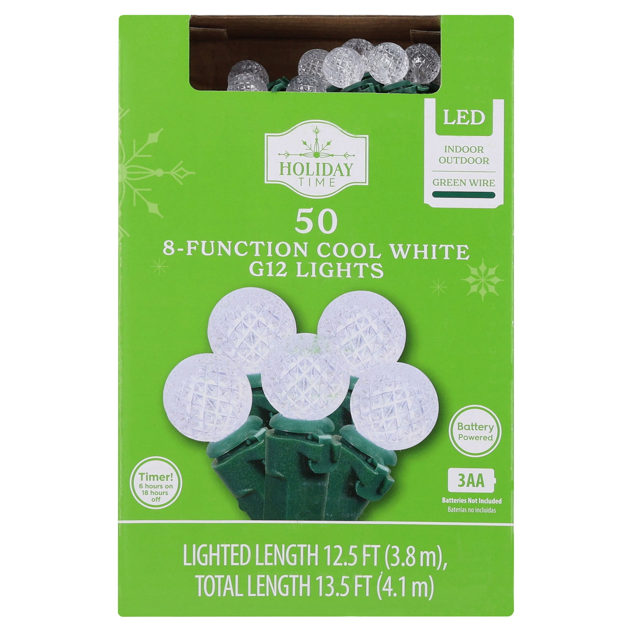 Indoor/Outdoor 50-Count LED 8-Function G12 Christmas String Lights, Cool White, Green Wire, 12.5', by Holiday Time