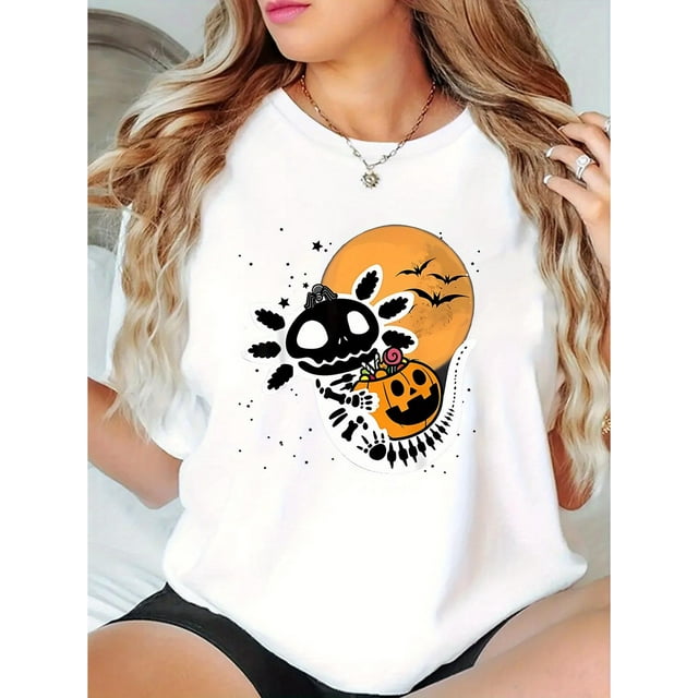 Halloween Element Doll Fish Pattern Print T-shirt, Short Sleeve Crew Neck Casual Top For Summer & Spring, Women's Clothing