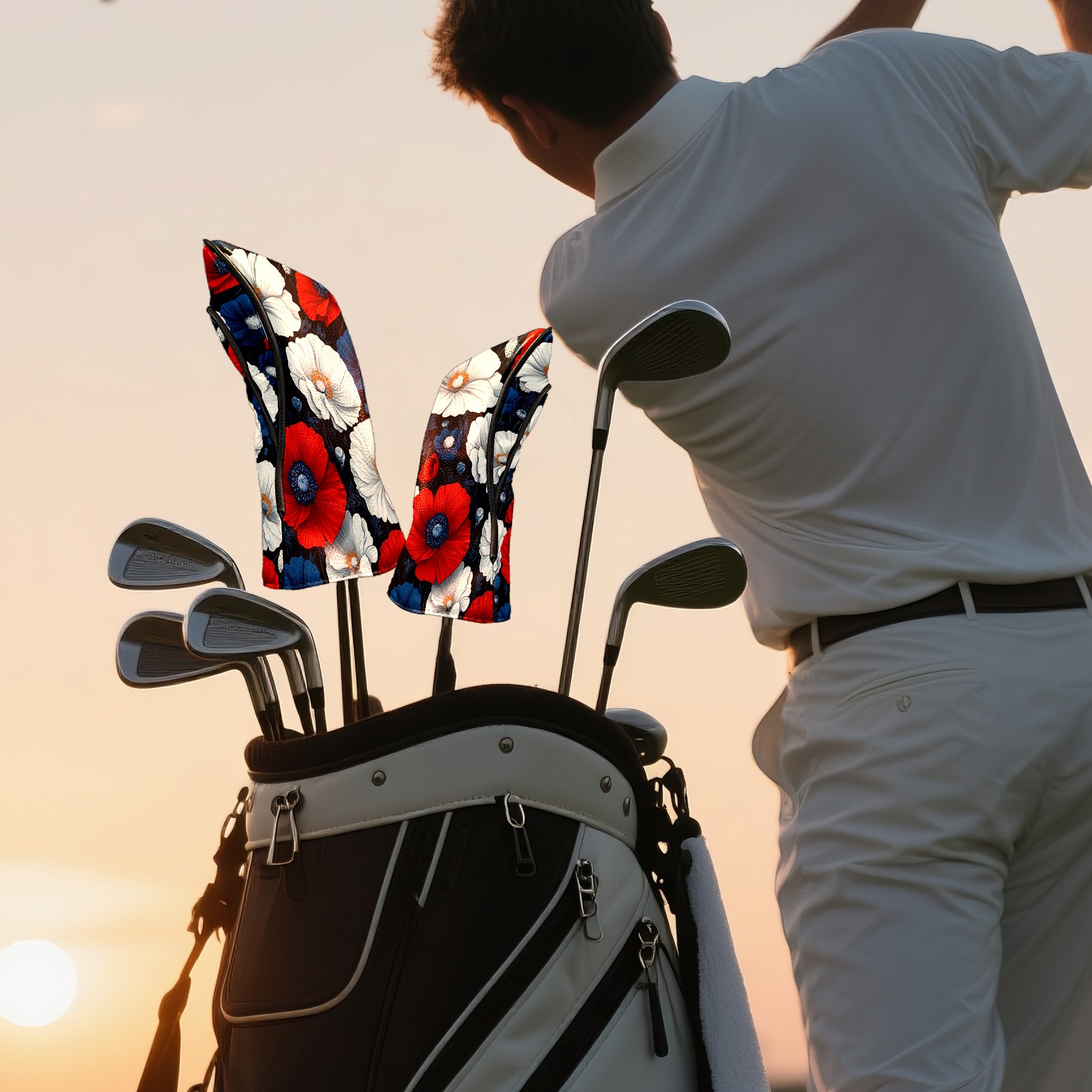 Golf Club Covers PU Leather Waterproof Head Covers for Fairway Woods Hybrids Red White Poppy Flowers Unisex Fits Most Brands