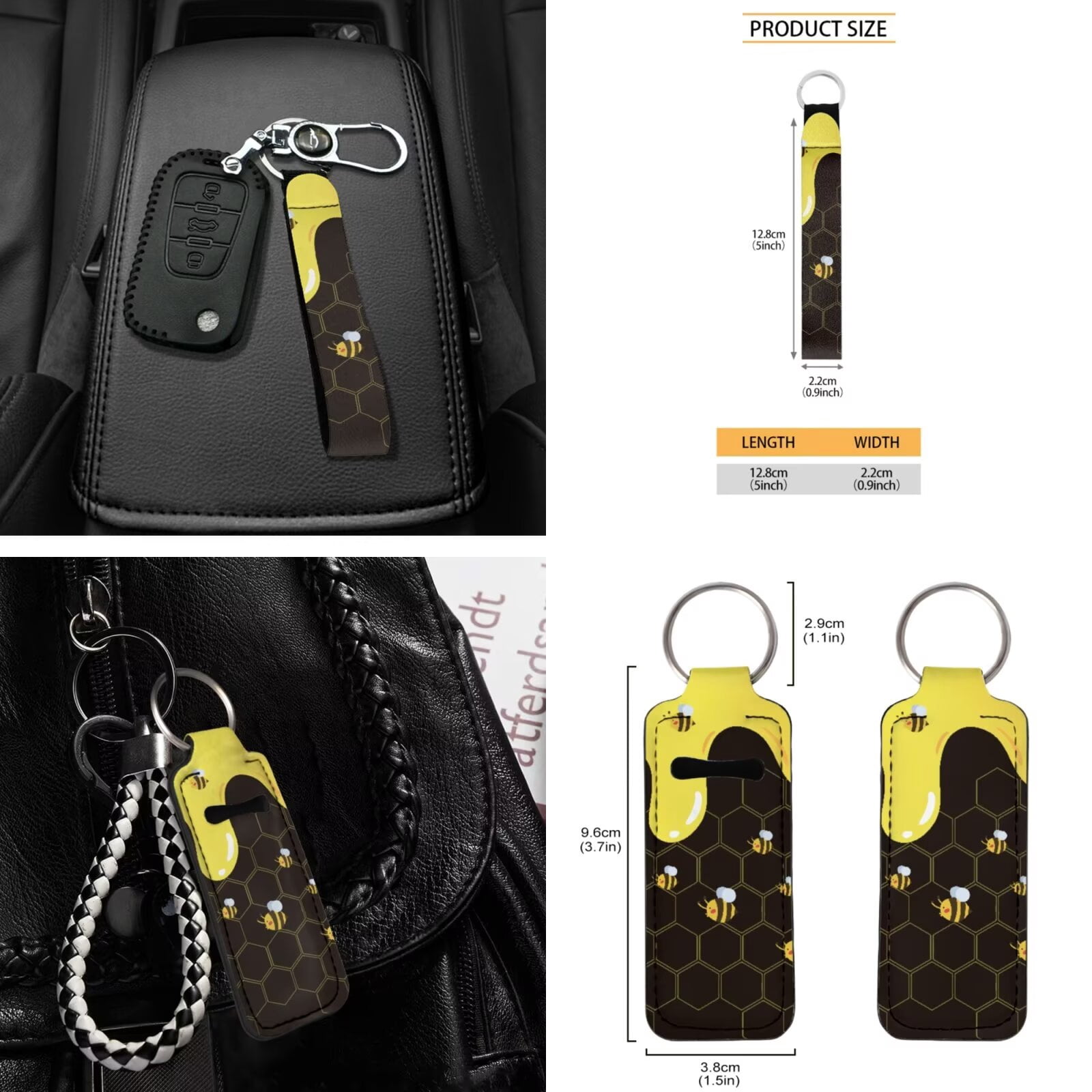 Garronmavis Bee Honey 16 Pcs Car Accessories Set Car Seat Belt Pads Cover Auto Keychain Holder Gear Shifting Knob Cover Cup Mats Front Window Sunshade Rearview Mirror Cover