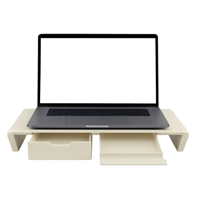 Adjustable Foldable Monitor Stand with Drawers & Phone Holder - Ergonomic Desk Riser for Laptop, iMac, PC - Space-Saving Desktop Organizer Shelf - Beige