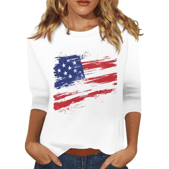 Endives Plus Size Women's Long Sleeve T-shirt 4th Of July Patriotic Top Women Neck Festival Blouses