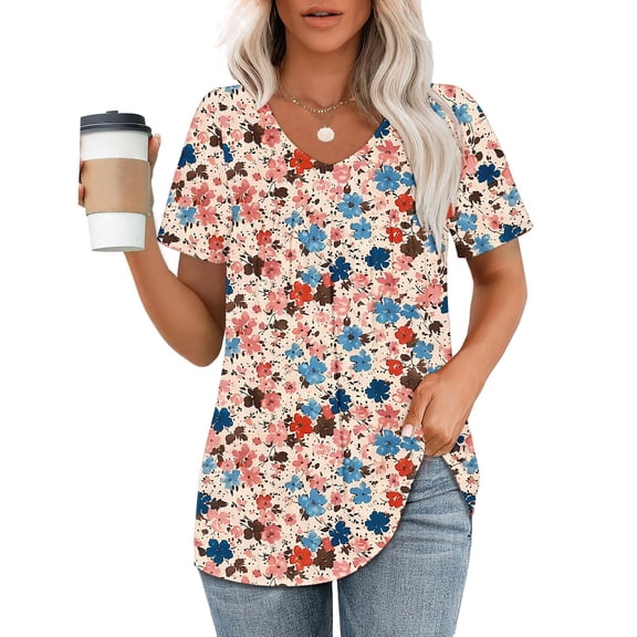 ALLLIST Pleated Tops for Women Short Sleeve V Neck Blouse Floral Drop Shoulder Yellow Pullover Ladies Tops